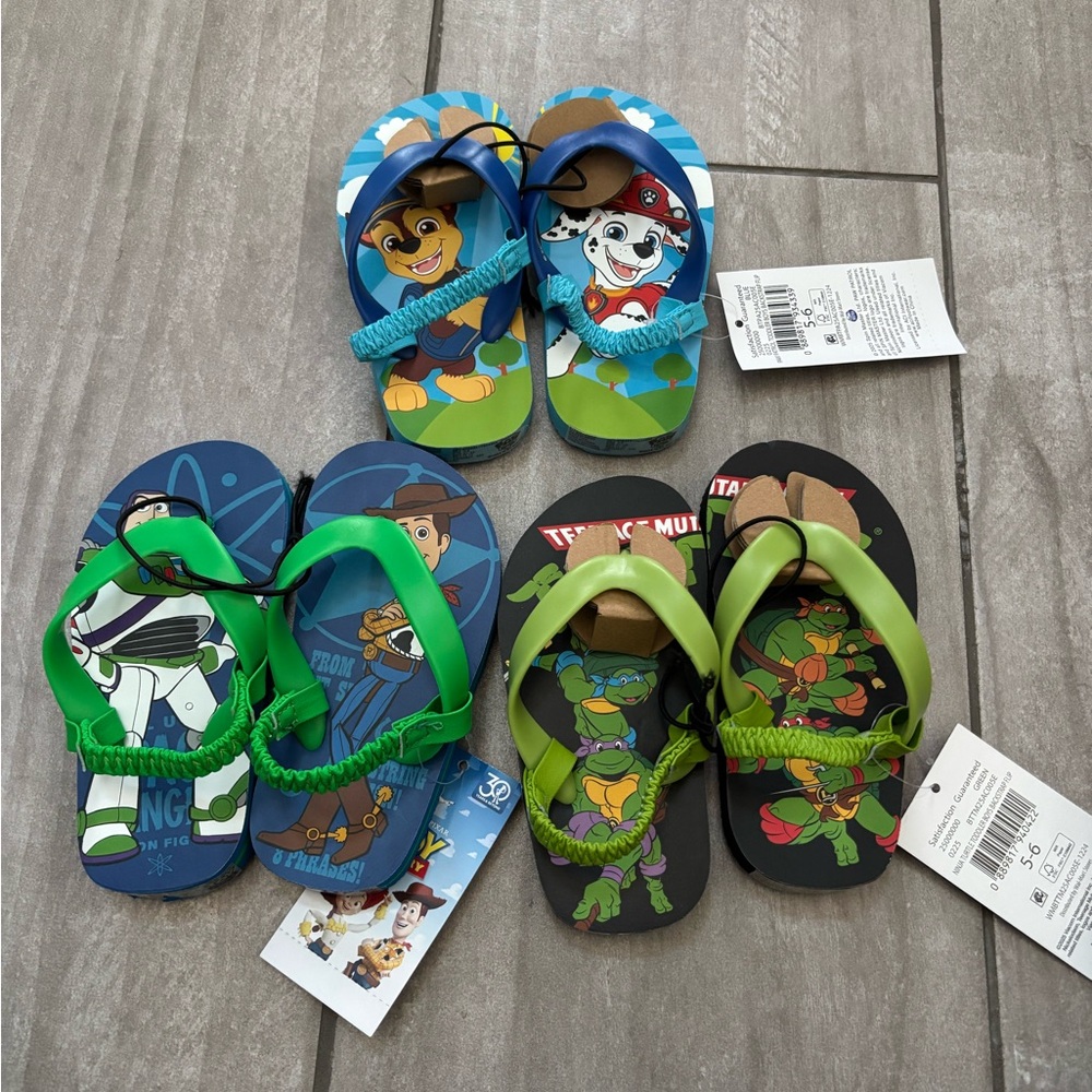 Kids Cartoon Character Flip Flops - Blue, Green, Black